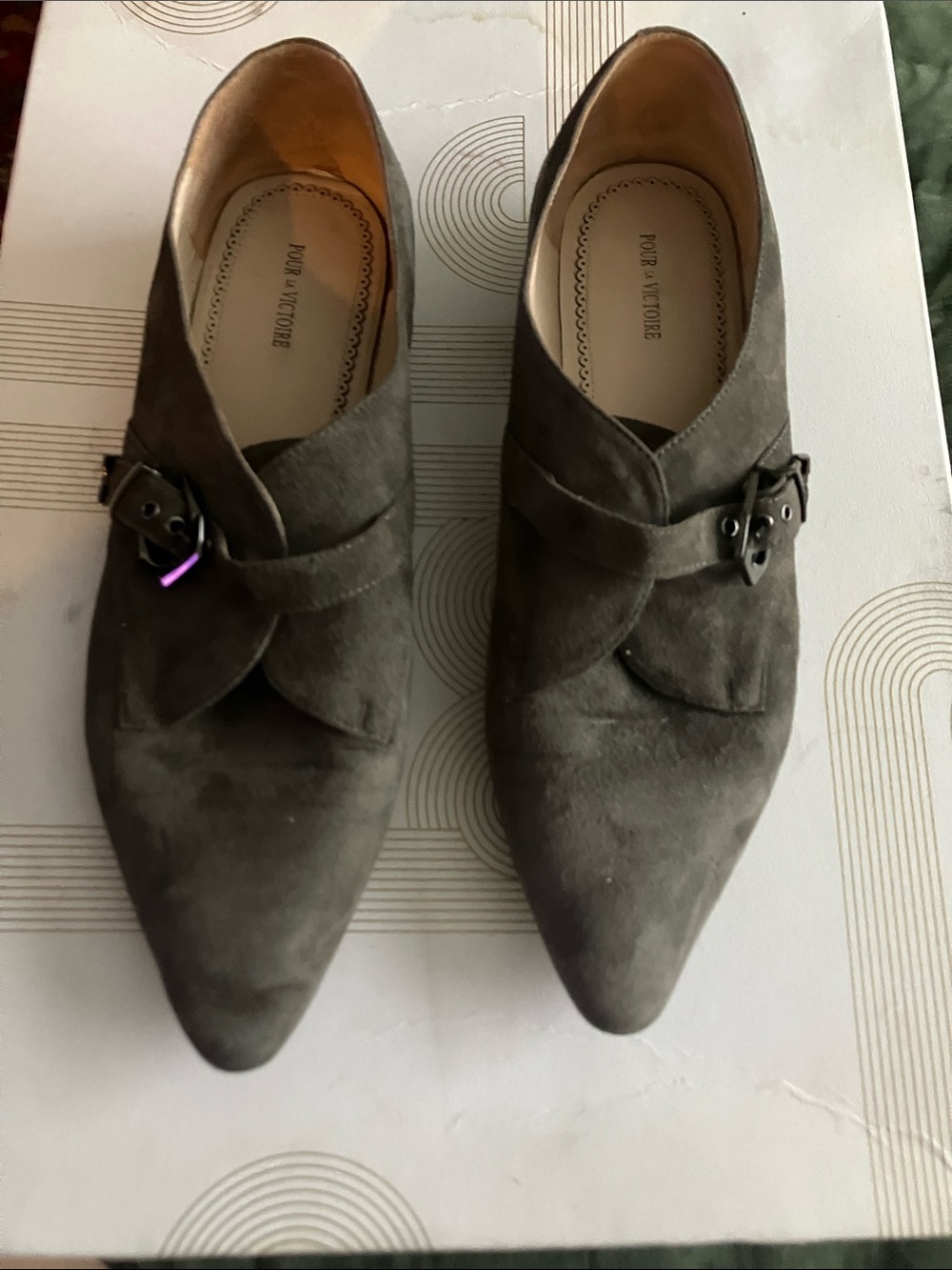 Pour La Victoire Olive Suede Pointed Loafer with Buckle Detail